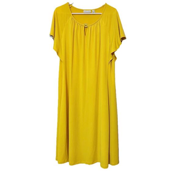 Susan Graver Liquid Knit Midi Dress Sz 1X Yellow Flutter Sleeve Loose Flowy - Picture 2 of 9